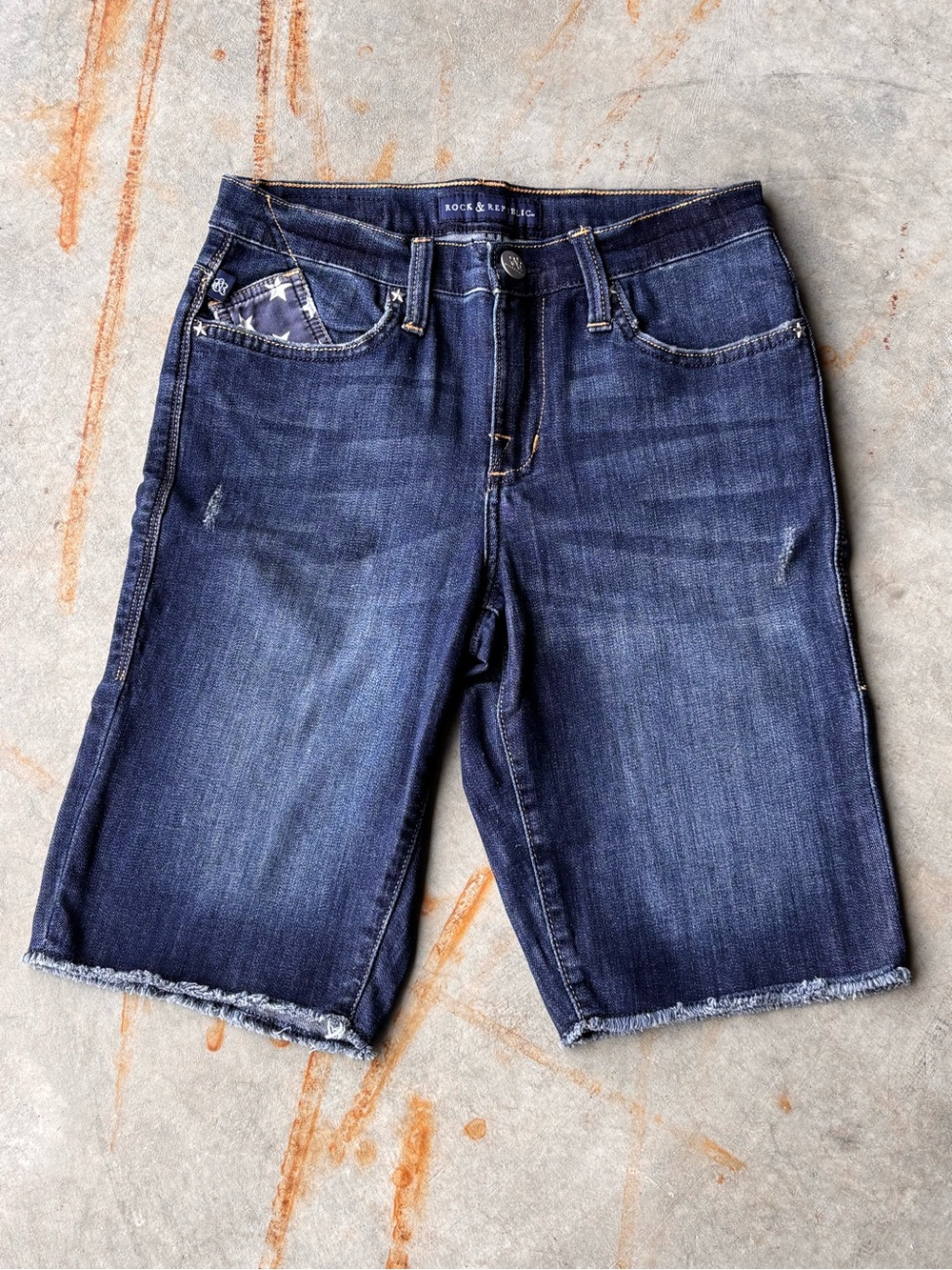 Rock & Republic Denim Bermuda Jean Shorts Size 8 American Flag Pocket Y2K